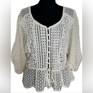 UO Kimchi Blue Romantic Swiss Dot Floral Lace Peasant Top Puff Sleeve